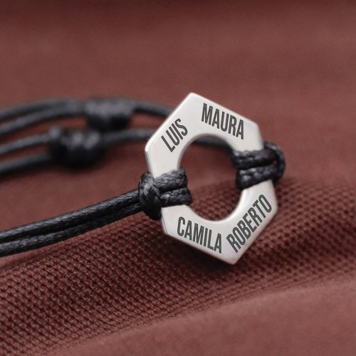 Pulsera hexagonal grabada en plata 950 e hilo encerado para caballero